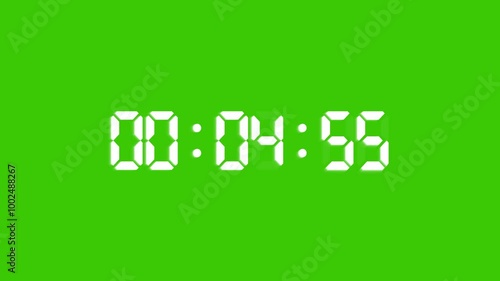 Digital countdown timer five-minute animation from 5 to 0 minutes on green background.