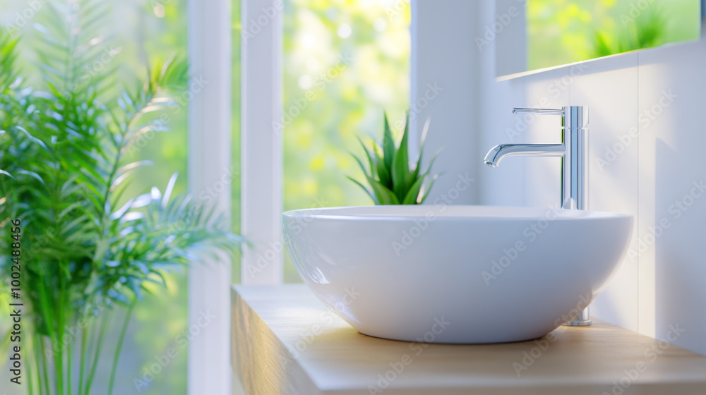 Modern bathroom design featuring a sleek sink and plants during daylight hours Modern bathroom design featuring a sleek sink and plants during daylight hours