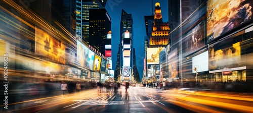 Vibrant night scene of busy pedestrians navigating Times Square amid bright billboards