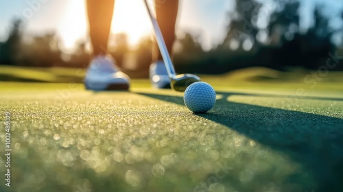 A close-up shot of a golfer lining up a putt with a ball and putter inches away from the hole, on a perfectly smooth green.