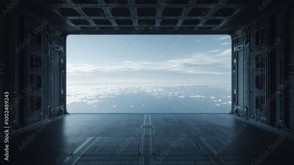 Fototapeta premium Spacious futuristic room with a panoramic view of clouds and ocean, showcasing advanced architecture.