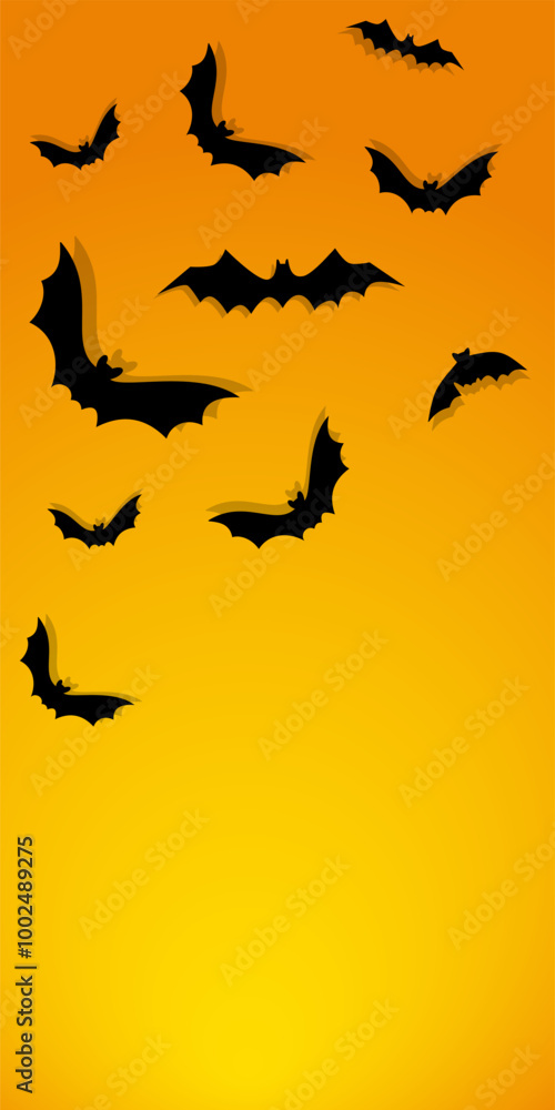 Vector. Halloween background with bats, holiday decorations. Flying bats with shadows. Halloween party invitation card mockup. Happy Halloween banner design. Flat lay, top view, copy space. Vector. Halloween background with bats, holiday decorations. Flying bats with shadows. Halloween party invitation card mockup. Happy Halloween banner design. Flat lay, top view, copy space.