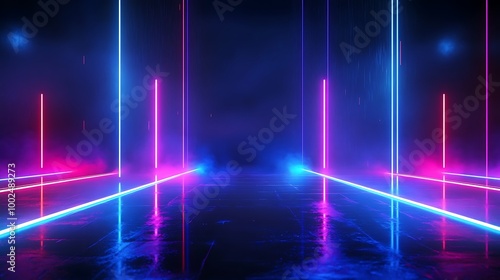 Futuristic backdrop with vibrant neon lights casting reflections on a smooth surface.