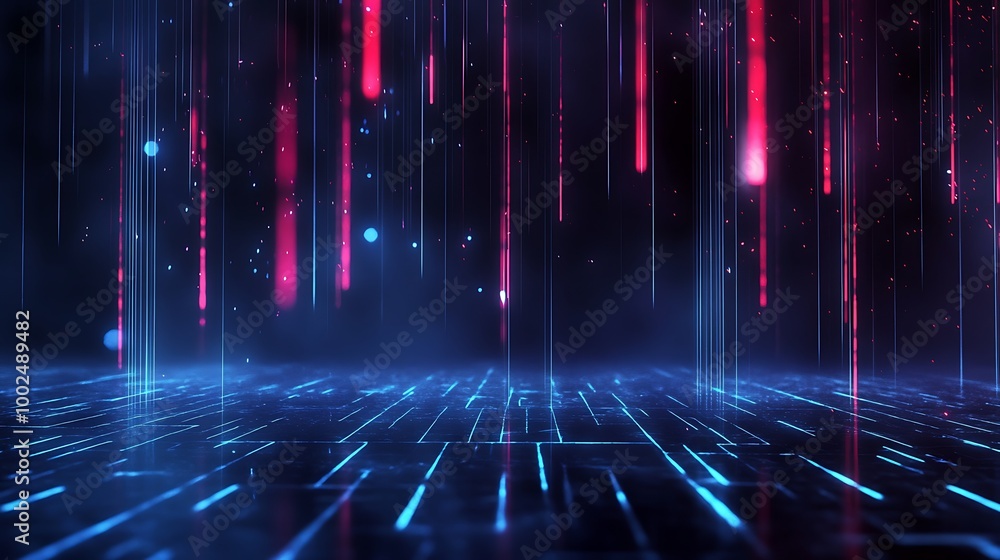 Futuristic background with vibrant neon lights, creating a digital atmosphere with glowing lines and a sense of depth.