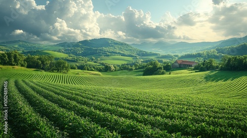 Vast Green Farmland With Rolling Hills Under Dramatic Clouds and Sunlight