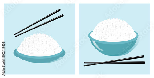 Rice bowl with chopsticks on green backgrounds vector.