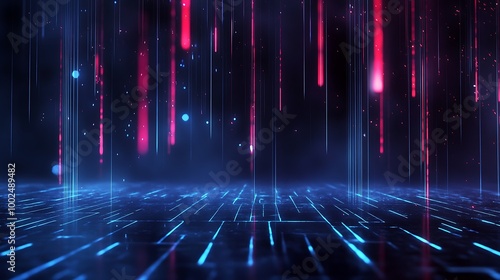 Futuristic background with vibrant neon lights, creating a digital atmosphere with glowing lines and a sense of depth.