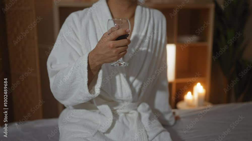 A man relaxing in a spa room, wearing a white robe and holding a glass of red wine, with lit candles in the background. A man relaxing in a spa room, wearing a white robe and holding a glass of red wine, with lit candles in the background.