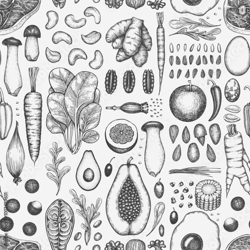 Paleo Diet  Seamless Pattern. Vector Hand Drawn Healthy Food Background. Vintage Style Menu Illustration.