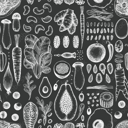 Paleo Diet Chalk Board Seamless Pattern. Vector Hand Drawn Healthy Food Background. Vintage Style Menu Illustration.