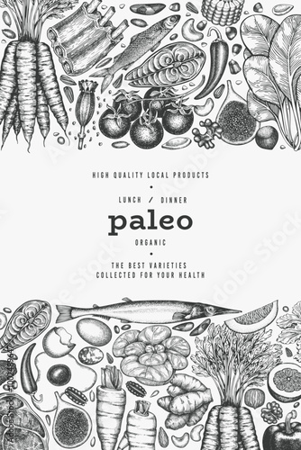 Paleo Diet Design Template. Vector Hand Drawn Healthy Food Banner. Vintage Style Menu Illustration.
