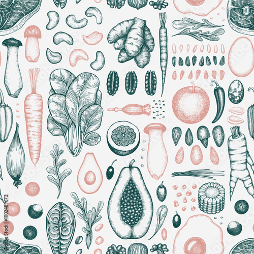 Paleo Diet  Seamless Pattern. Vector Hand Drawn Healthy Food Background. Vintage Style Menu Illustration.