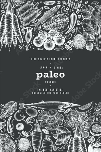 Paleo Diet Chalk Board Design Template. Vector Hand Drawn Healthy Food Banner. Vintage Style Menu Illustration.