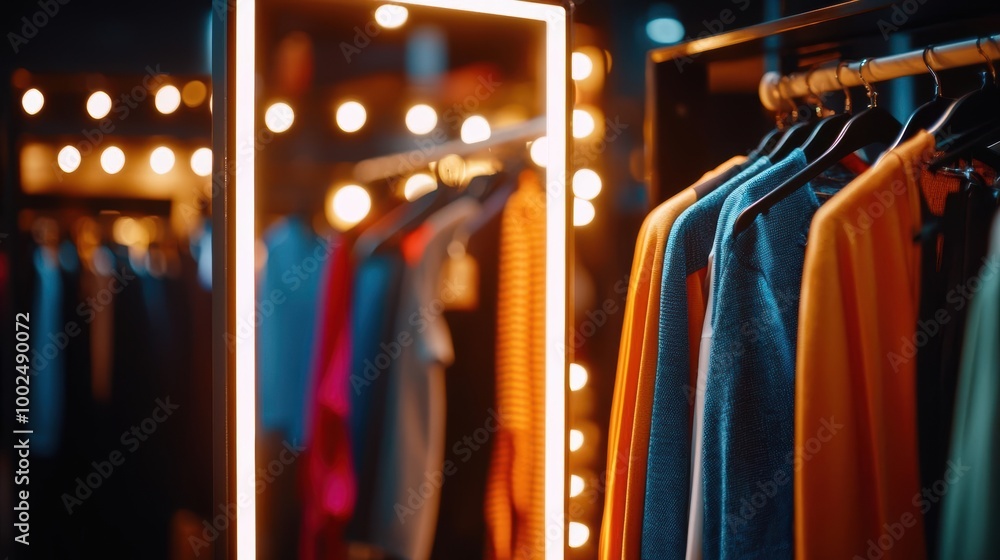 Stylish clothing showcased on hangers with vibrant colors in a boutique setting. Stylish clothing showcased on hangers with vibrant colors in a boutique setting.