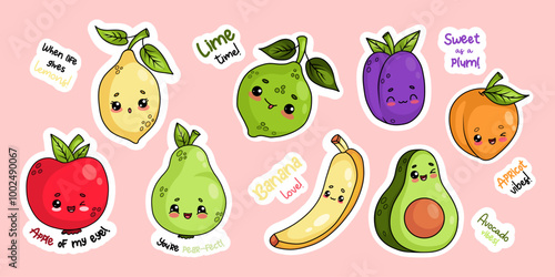 Cute fruit stickers. Tropical lemon, lime, avocado with banana, apple, pear, plum and apricot. Funny cartoon kawaii characters and cool slogans. Isolated Vector drawing illustrations