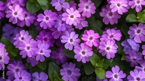 Colorful spring flowers bloom in a vibrant garden, showcasing shades of purple and pink under bright sunlight