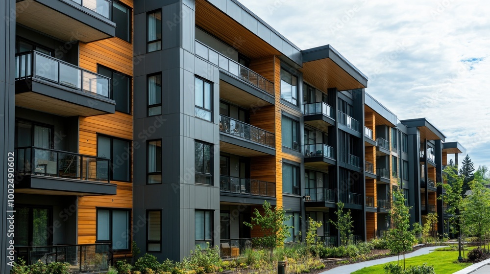 A freshly constructed apartment complex in a developing area, showing innovative architecture with sleek facades, open spaces, and a calm urban atmosphere. A freshly constructed apartment complex in a developing area, showing innovative architecture with sleek facades, open spaces, and a calm urban atmosphere.