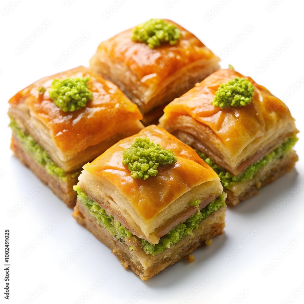 Turkish dessert baklava, 4 pieces isolated on white background Turkish dessert baklava, 4 pieces isolated on white background