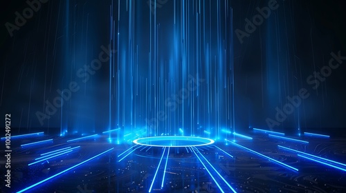 Futuristic blue light beams create a dynamic atmosphere in a digital space.