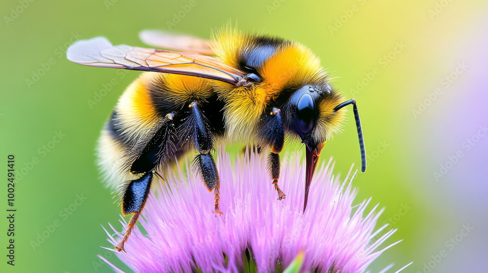 A bumblebee collecting nectar on a vibrant purple flower in a sunny meadow during springtime A bumblebee collecting nectar on a vibrant purple flower in a sunny meadow during springtime