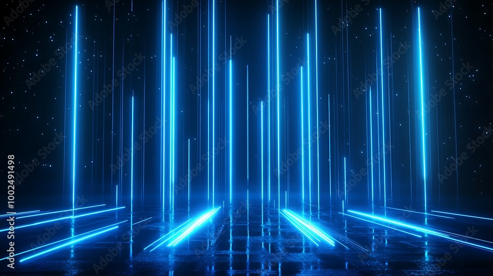Futuristic blue light beams creating an abstract digital landscape. Futuristic blue light beams creating an abstract digital landscape.