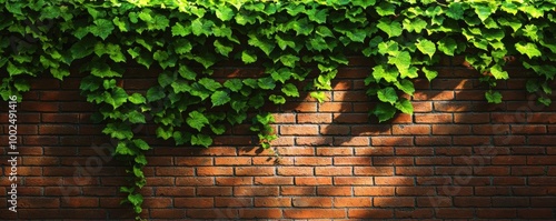 Vibrant green ivy climbing over a rustic brick wall, showcasing nature's beauty against a textured background.