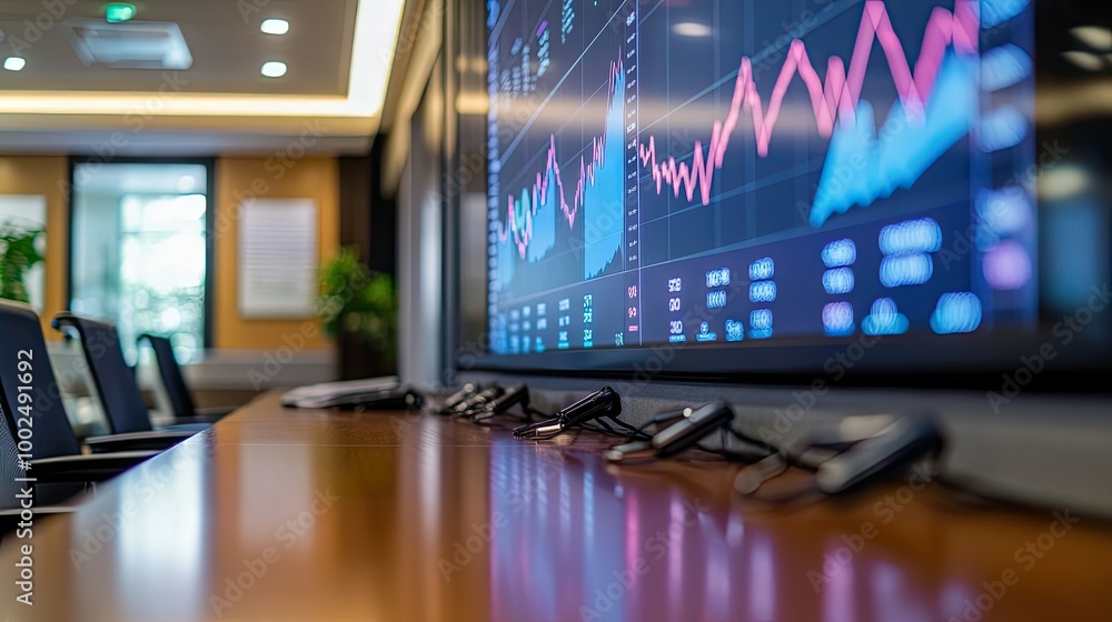 A large projection of a line graph in a corporate boardroom, showing rising trends in business growth, with sharp lines and colorful data points. A large projection of a line graph in a corporate boardroom, showing rising trends in business growth, with sharp lines and colorful data points.