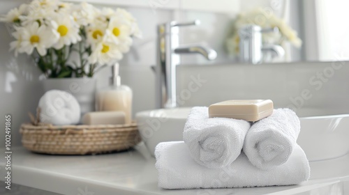 A stack of white towels in a bathroom.