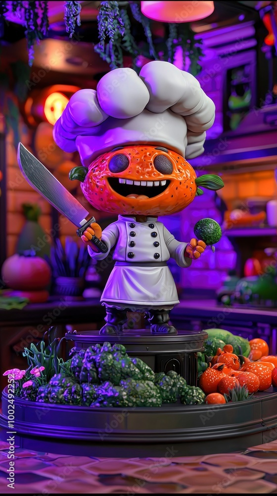 Fototapeta premium Orange Chef Figurine with Knife and Vegetables