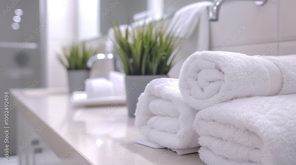 A stack of white towels in a bathroom. A stack of white towels in a bathroom.