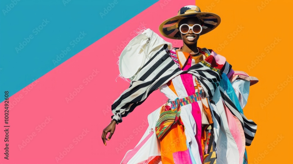 Fototapeta premium Vibrant fashion with bold colors and patterns on dynamic geometric background.