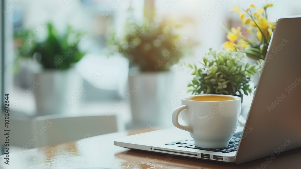 A cup of coffee sits on top of a laptop computer on a wooden table. Plants are in the background. A cup of coffee sits on top of a laptop computer on a wooden table. Plants are in the background.