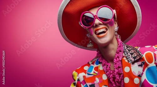 Colorful fashion portrait of a woman in vibrant retro style outfit and sunglasses.