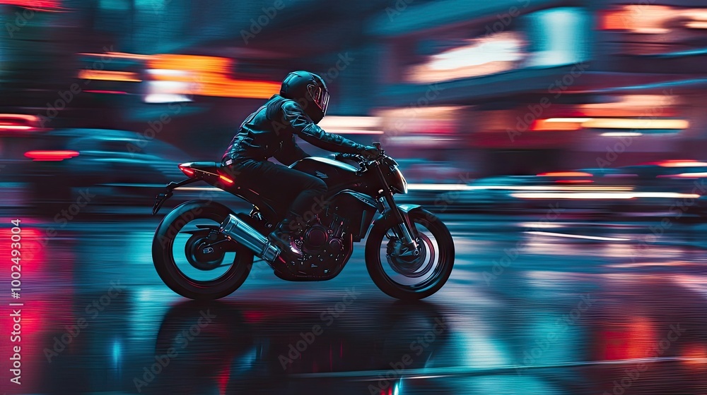 A motorcyclist riding through an urban street at night, neon lights reflecting off the bike, showcasing a fast-paced city life. A motorcyclist riding through an urban street at night, neon lights reflecting off the bike, showcasing a fast-paced city life.