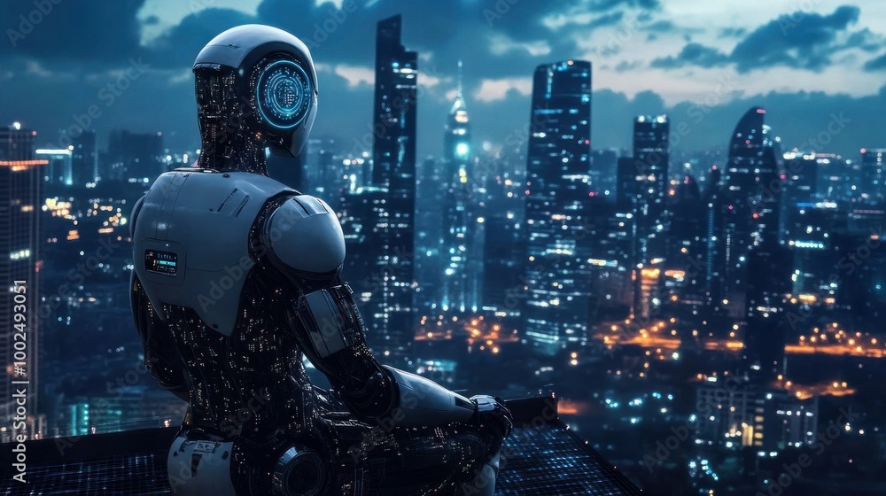 A Futuristic Android Gazing Over a Cityscape at Night A Futuristic Android Gazing Over a Cityscape at Night