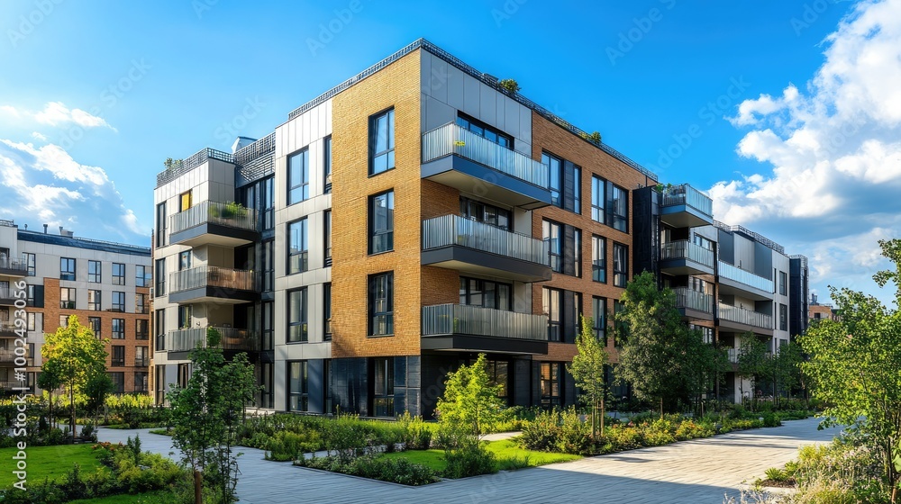 A new residential complex showcasing a modern block of flats with a combination of brick and metal facades, surrounded by well-kept greenery. A new residential complex showcasing a modern block of flats with a combination of brick and metal facades, surrounded by well-kept greenery.