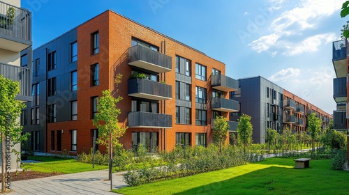 A new residential complex showcasing a modern block of flats with a combination of brick and metal facades, surrounded by well-kept greenery.