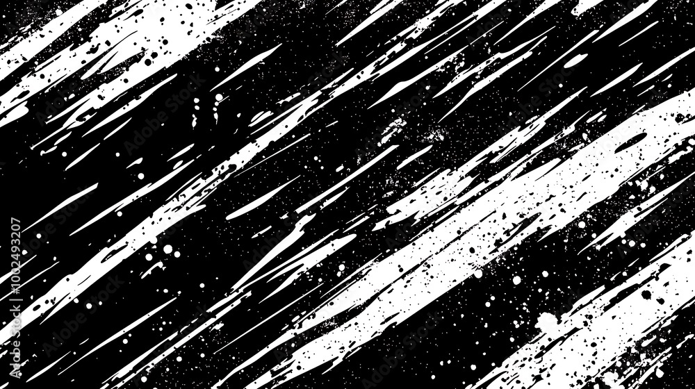 Abstract black and white diagonal brushstrokes with splattered paint on a dark background. Abstract black and white diagonal brushstrokes with splattered paint on a dark background.