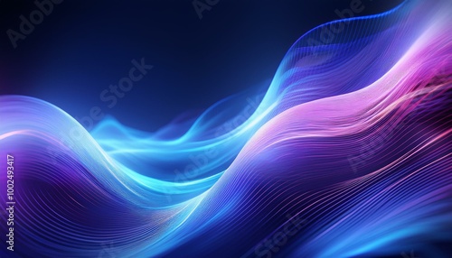 Abstract background of modern tech gradient waves in blue and pink hues, technology, modern, abstract, background, waves. Dynamic abstract light trails in neon pink and blue hues.