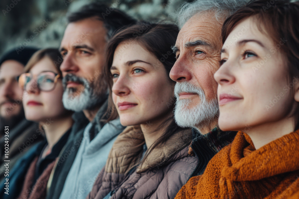 Side profile of diverse multi-generational family looking forward. Group of people are standing together and looking towards future with hope. Concept of family bonds, unity and passage of time