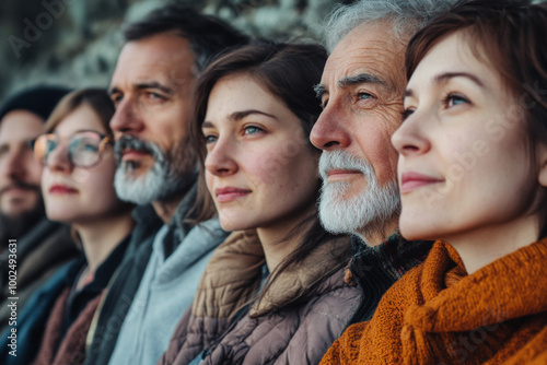 Obraz na płótnie Side profile of diverse multi-generational family looking forward. Group of people are standing together and looking towards future with hope. Concept of family bonds, unity and passage of time w salonie