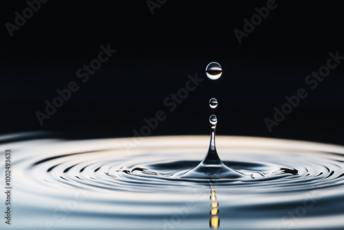 A drop of water is falling into a body of water, creating a ripple effect. Concept of calmness and tranquility, as the water droplet gently touches the surface of the water © eaglesky