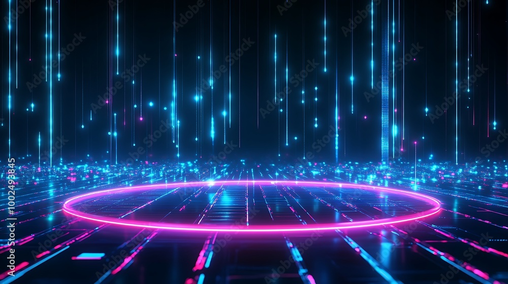 Futuristic digital background with glowing blue and pink lights in a grid pattern, ideal for tech-related projects.