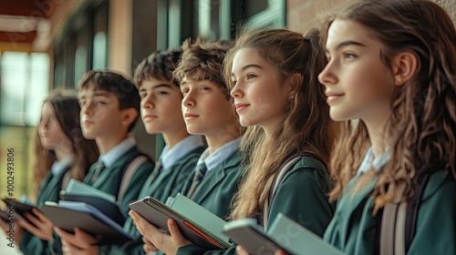 A row of students in school uniforms standing in line, holding notebooks and waiting outside their classroom.