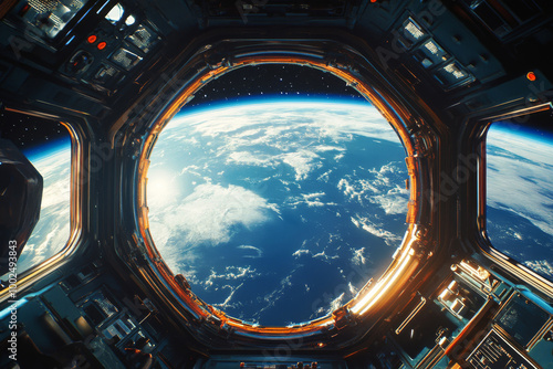 Obraz na płótnie View of Earth planet from space station window with clouds and atmosphere against the backdrop of space w salonie