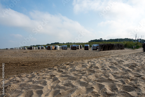 Heller, lockerer Sand im Vordergrund, dann feuchter, fester Sand, dann wieder heller Strandsand. Dahinter Dünengras und ein Wald.Der leicht bewölkte Himmel bietet Raum für Texturen. photo