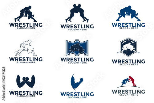 Set of Wrestling logo template, Wrestling Sport Silhouette logo template