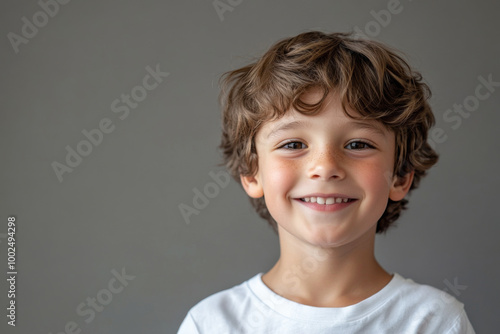 Portrait of happy smiling boy posing on solid background, looking at camera and smiling