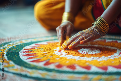 Diwali concept. Indian woman creating intricate rangoli patterns on the floor using colored powders. Celebrating Hindu festival of lamps in Indian religions photo