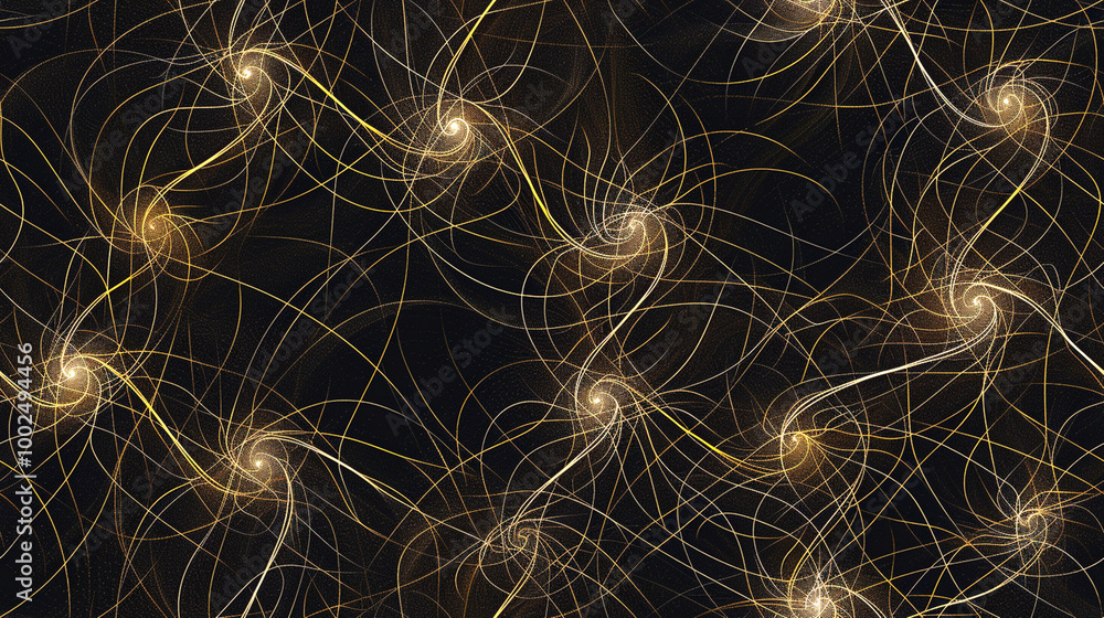 Obraz premium Seamless design of thin gold lines forming a complex spiral pattern with glowing lights inside, set against a dark background